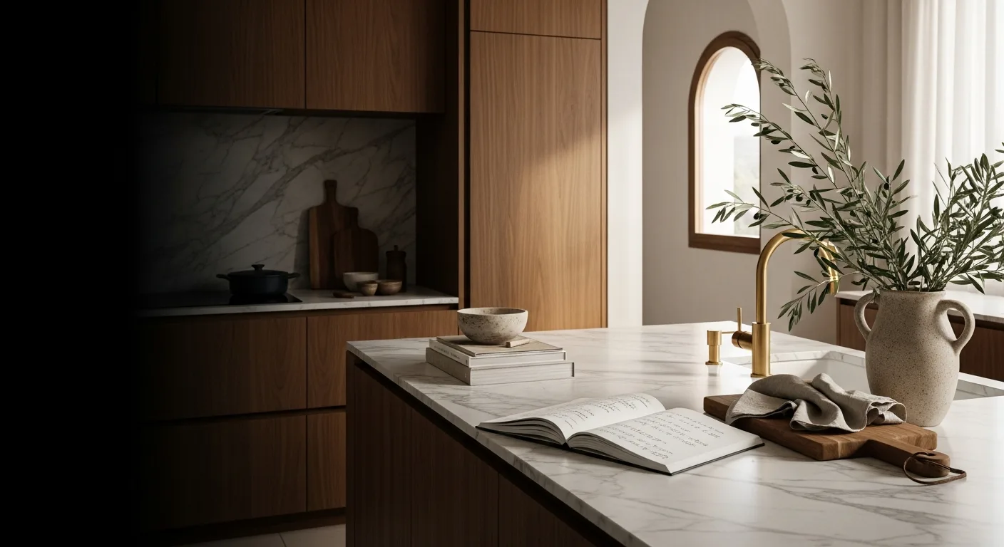 KITWOOD Lebanon editorial kitchen scene — walnut cabinets, Calacatta marble island with open recipe notebook and olive branch, arched Mediterranean window