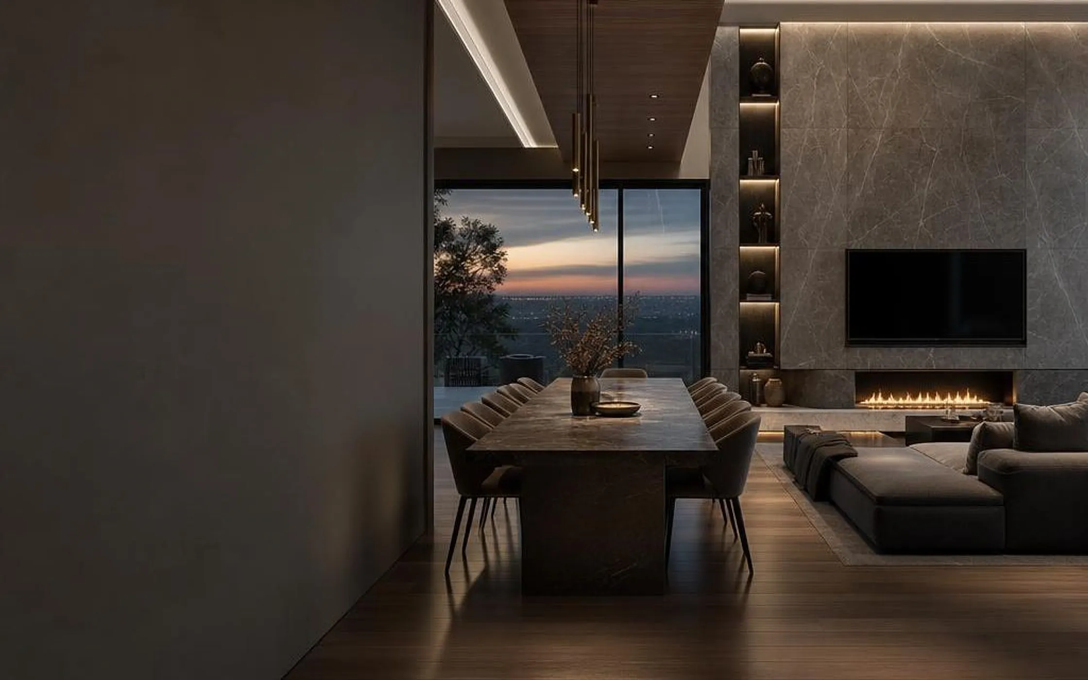 Spacious modern living area with ceramic slab fireplace and TV wall cladding and a long ceramic slab dining table — interior design by KITWOOD Lebanon