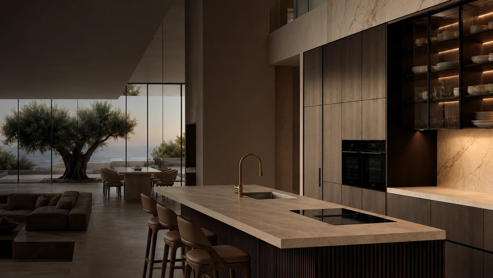 High-resolution luxury open-plan kitchen with one island sink, seamless fluted island cladding, induction hob, bar stools, illuminated glass cabinetry, and built-in appliances