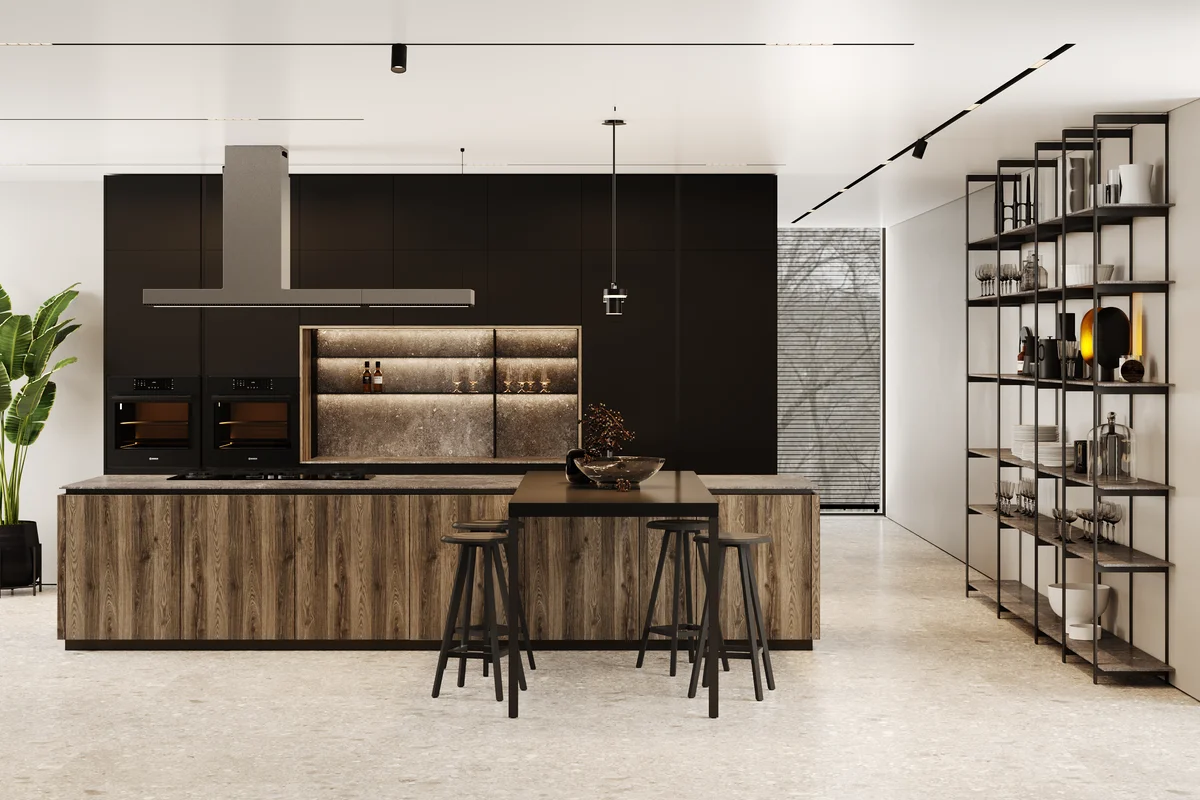 KITWOOD TWENTY contemporary kitchen with two-tone cabinetry and stone island